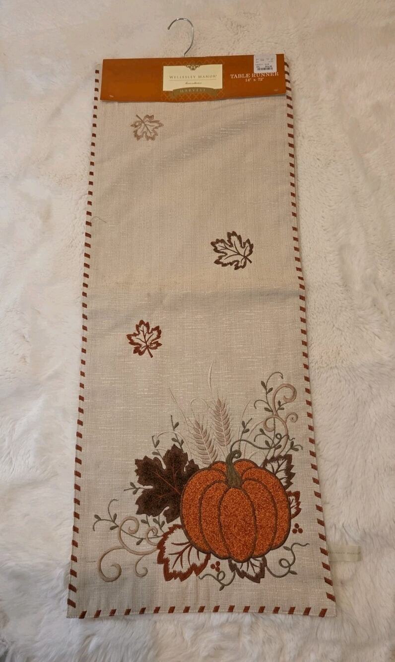 Brand New Wellesley Manor Harvest Collection Embroidered Pumpkin Table Runner...